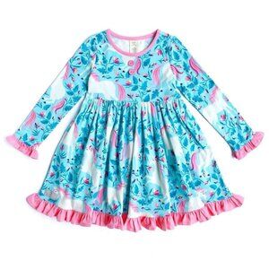 Eleanor Rose Blue Unicorn Dress with Pink Ruffle Trim